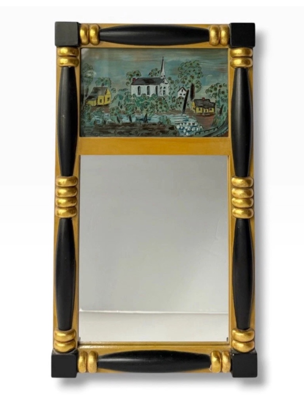 Vintage Rehoboth MA Shady Bend Church Reverse Painted Federal Mirror Eglomise
